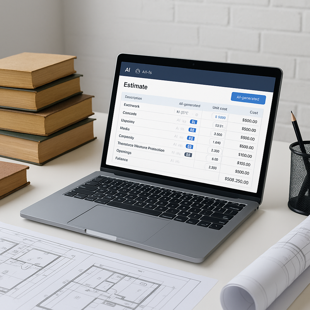A modern construction estimator's desk with a laptop displaying an AI-powered software interface, surrounded by stacks o...
