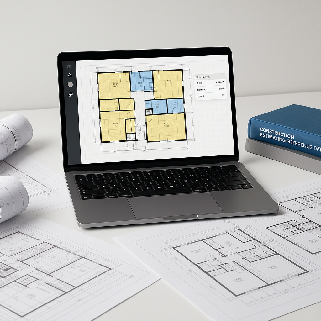 A modern construction estimator's desk with AI software on a laptop screen, showing takeoff measurements and highlighted...