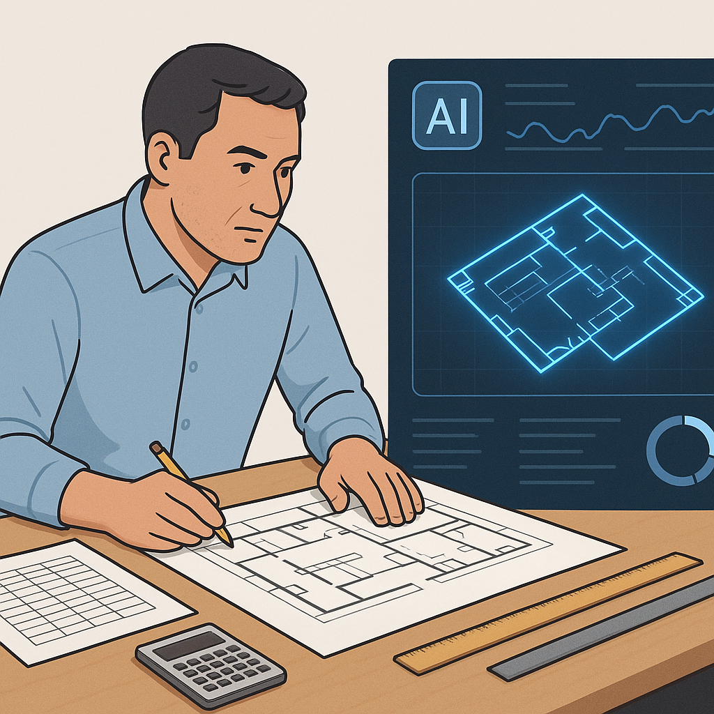 An estimator sitting at a desk with traditional tools like rulers and spreadsheets contrasted against a futuristic AI da...