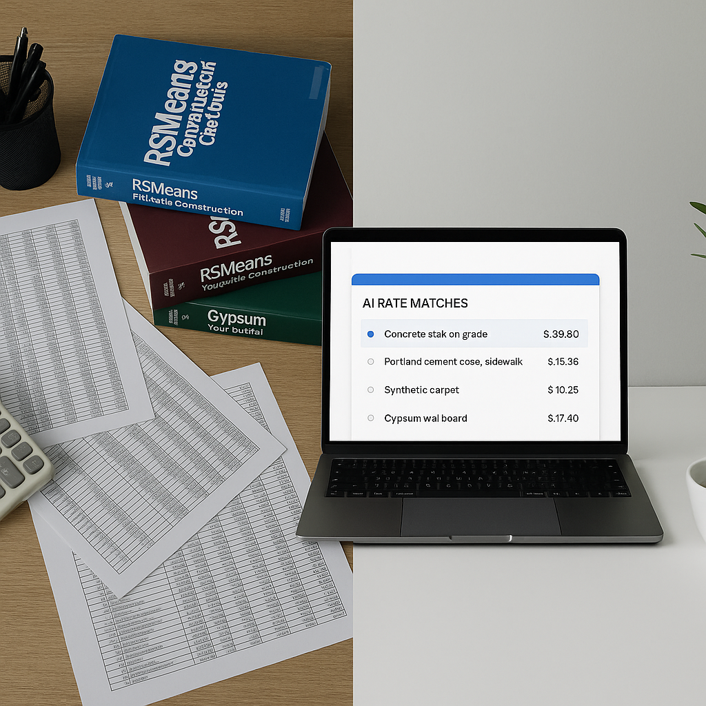 A split-screen visual: on one side, a cluttered desk with RSMeans books and Excel sheets; on the other, a clean laptop s...