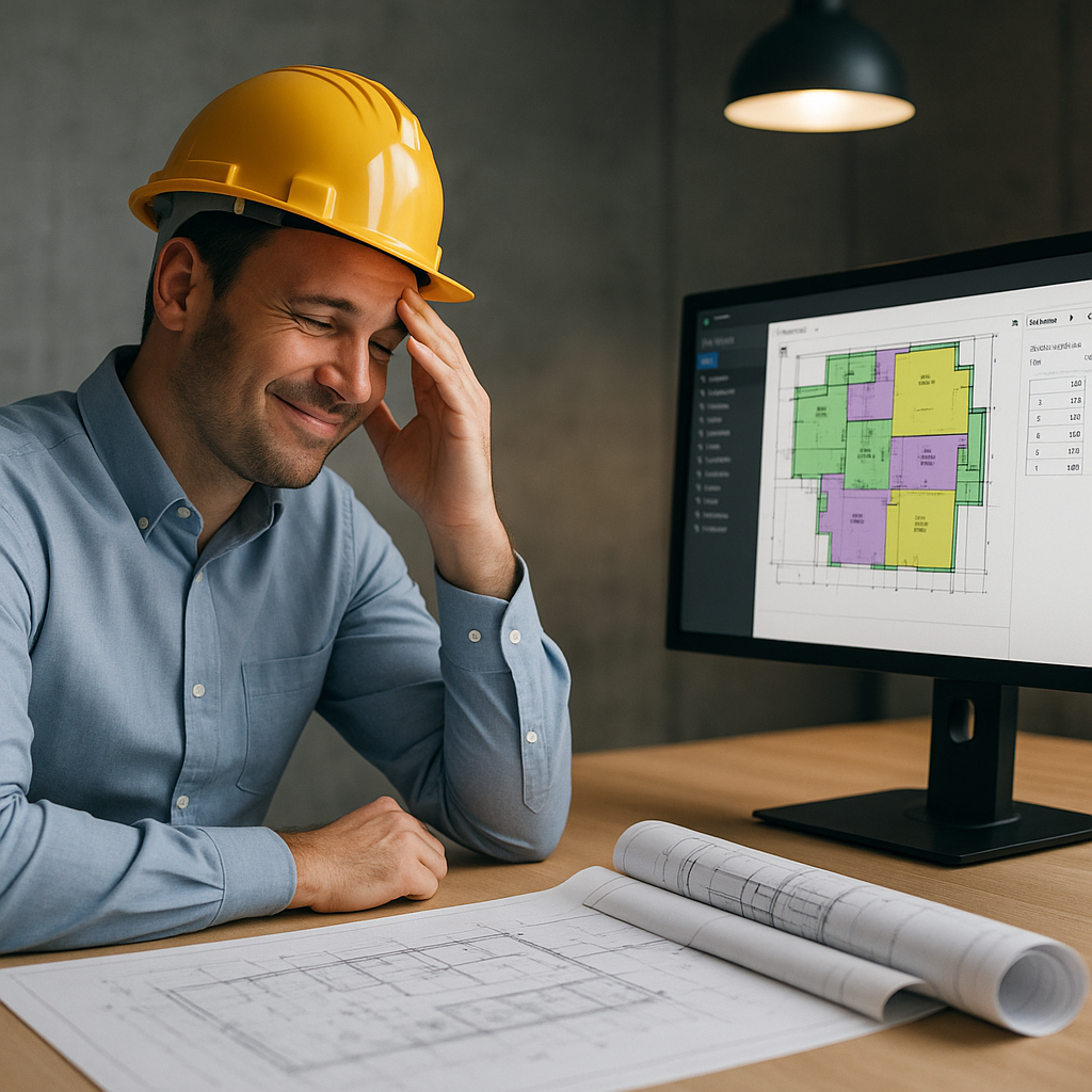 A construction estimator sitting at a desk with a stack of blueprints next to a computer screen showing AI-powered takeo...