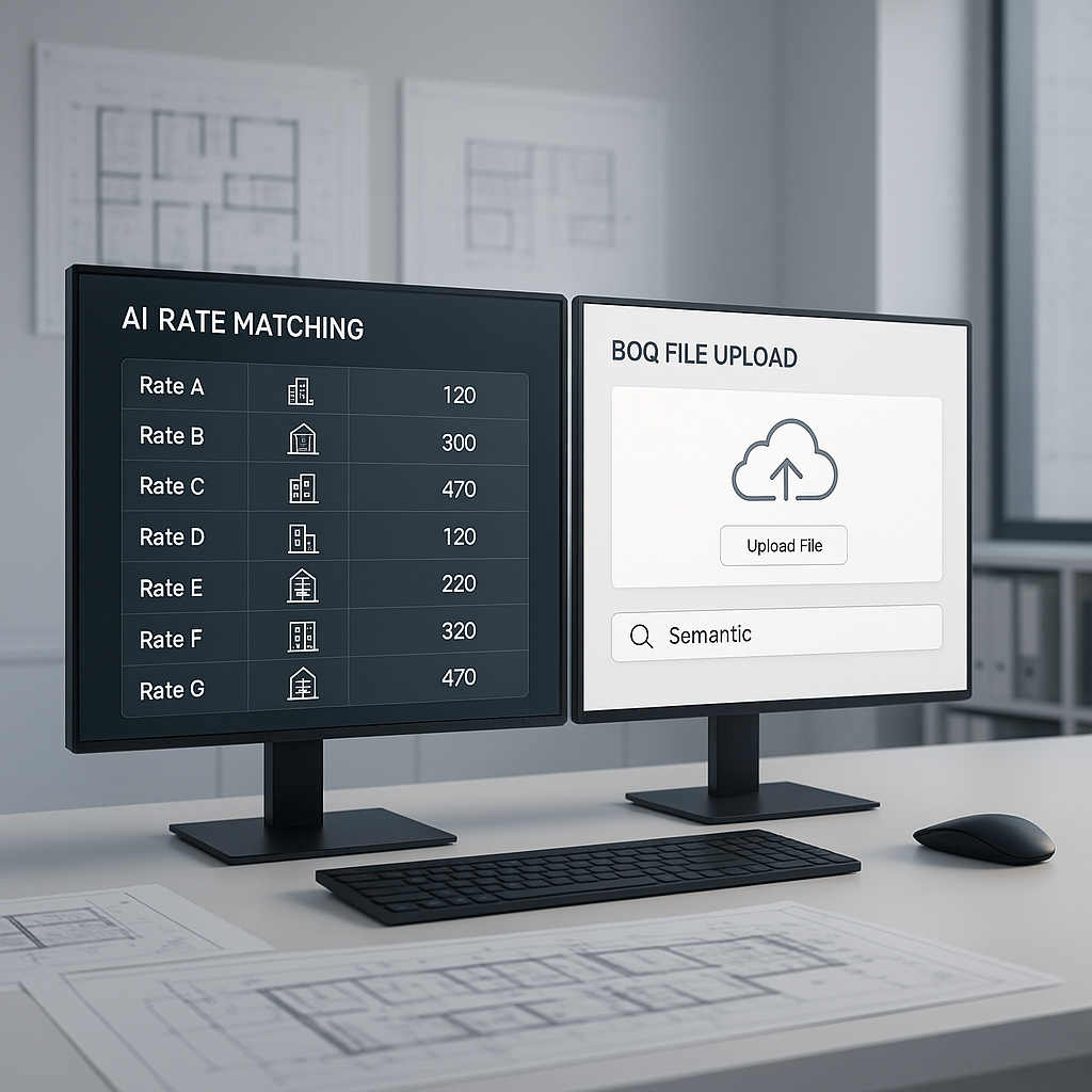 A futuristic construction estimator's desk: dual monitors showing AI rate matching software, a BOQ file upload panel, an...