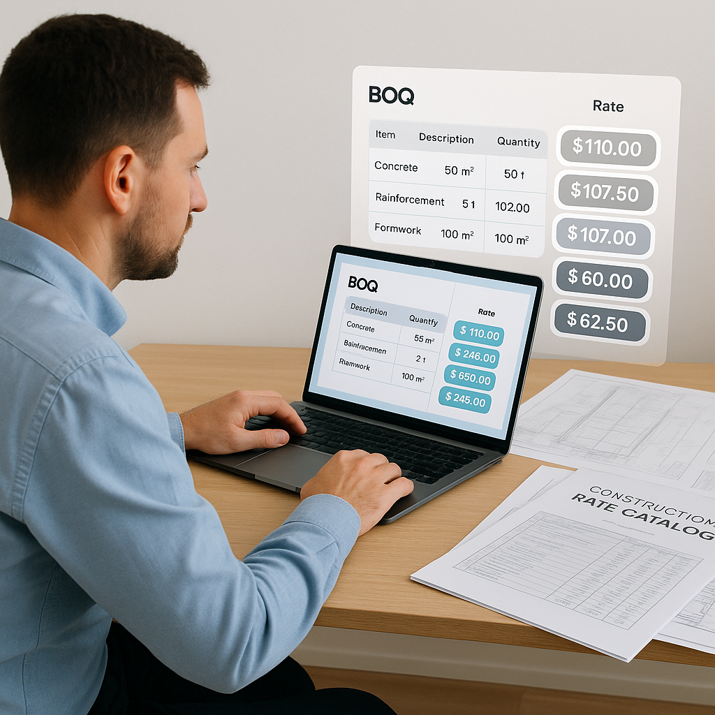 A construction estimator sitting at a desk with a laptop, reviewing BOQ data while AI-generated rate matches are display...