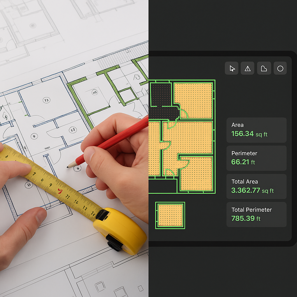 A split-screen image showing an estimator manually measuring drawings on one side and an AI-powered software interface o...