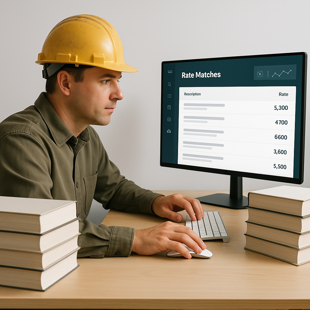 A construction estimator sitting at a desk surrounded by stacks of thick rate books, while a sleek AI-powered dashboard...