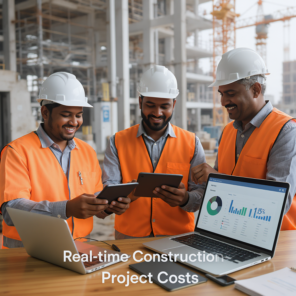 A modern construction site in India with workers using tablets and laptops to manage real-time project costs, showing di...