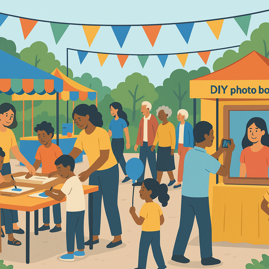 A vibrant community event setup with interactive booths, hands-on activities, and attendees engaging. Include diverse ag...