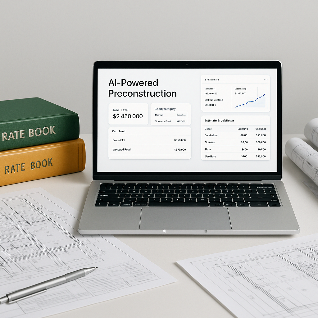 A modern construction estimator's desk with a laptop displaying AI-powered preconstruction software, surrounded by outda...