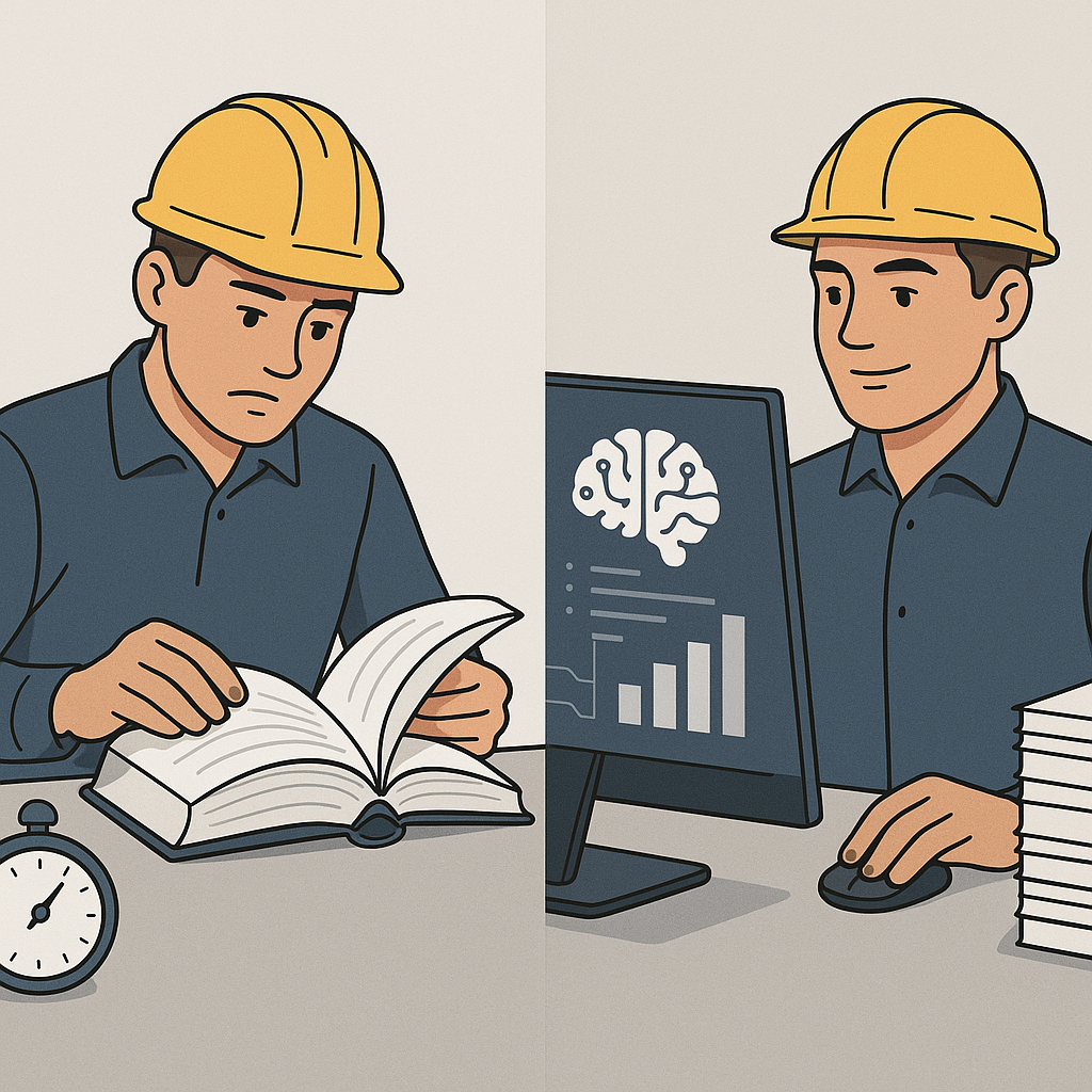 A side-by-side comparison illustration of a construction estimator flipping through a thick rate book vs. an AI-powered...