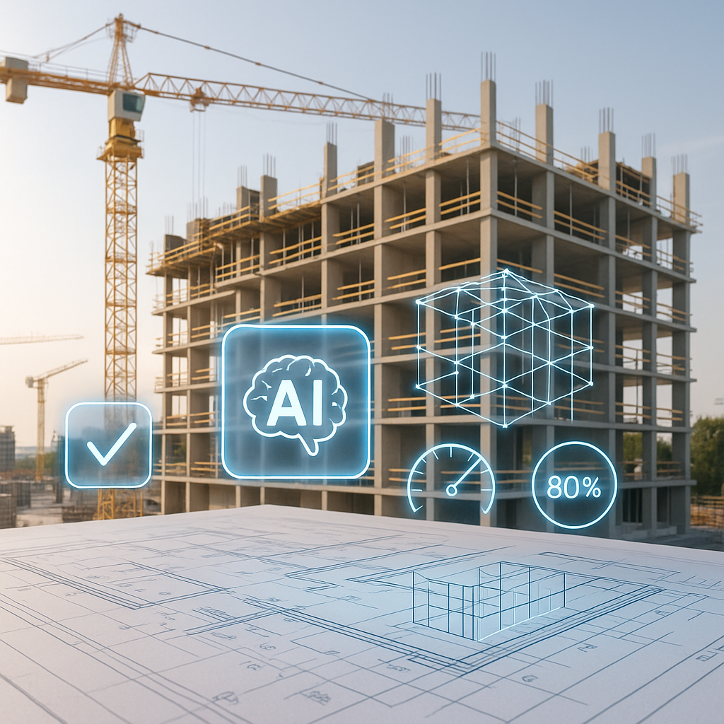 A modern construction site with AI-powered digital tools overlayed on blueprints and project drawings, emphasizing speed...