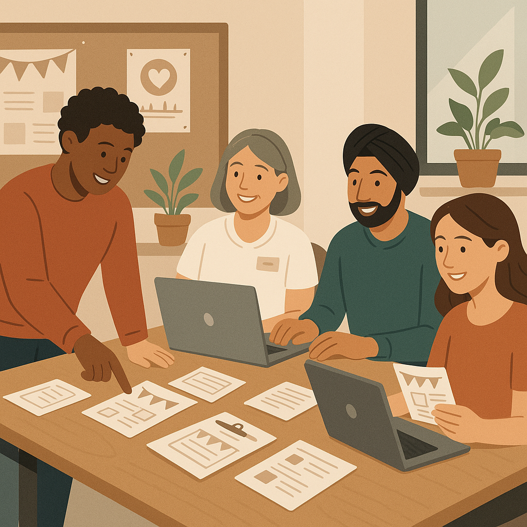A detailed illustration showing a small nonprofit team planning an event with laptops, flyers, and multicultural attende...