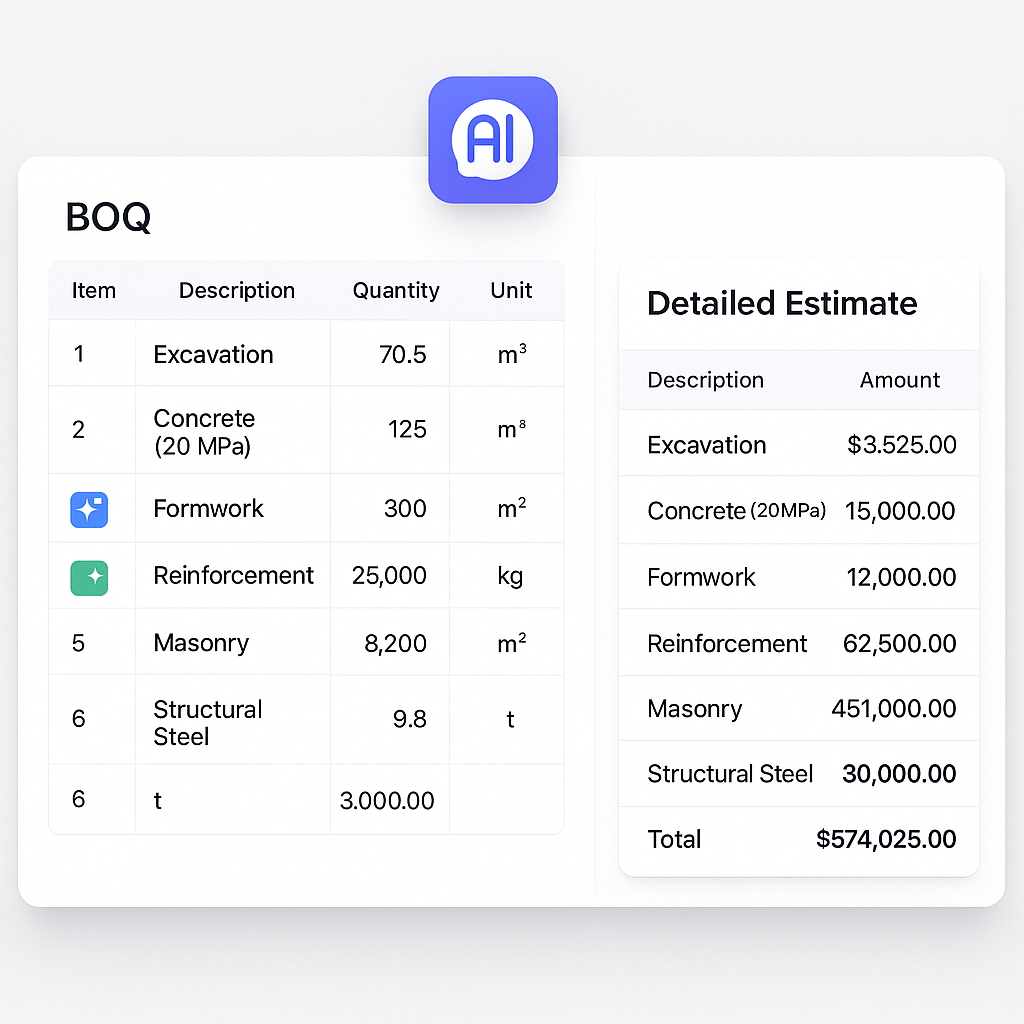 An AI-powered construction estimator interface showing a BOQ spreadsheet auto-updating with new rates and quantities, ne...