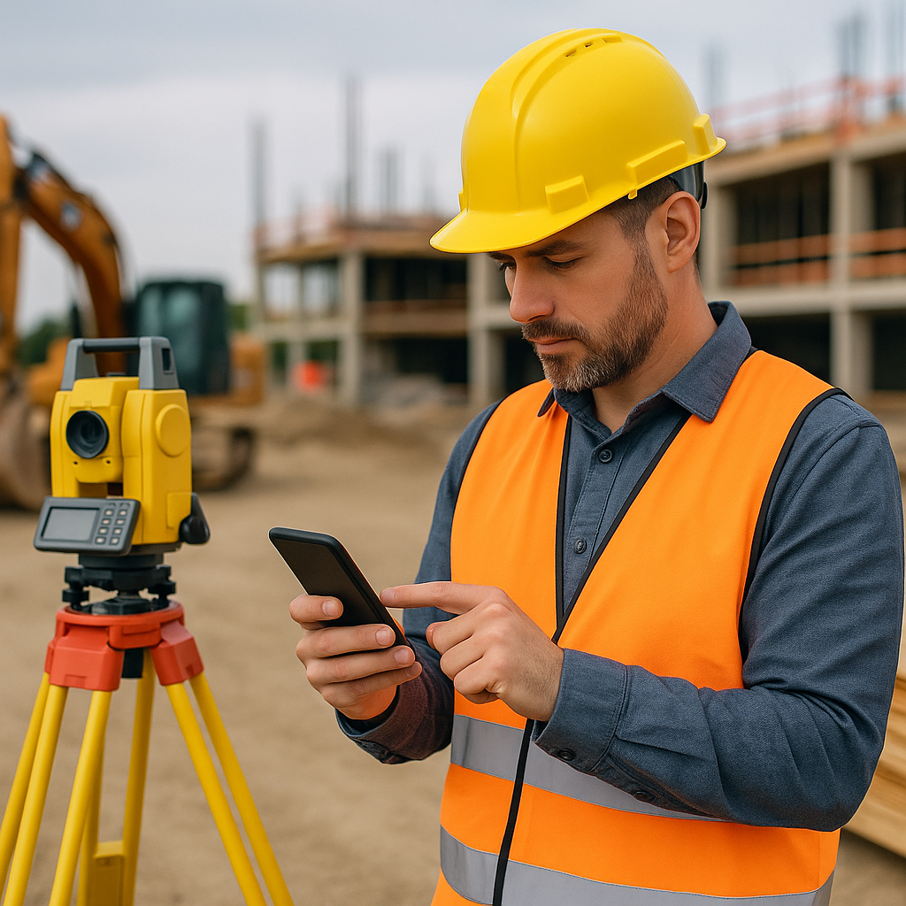A contractor using a mobile app on-site, capturing survey data with construction equipment and materials visible.