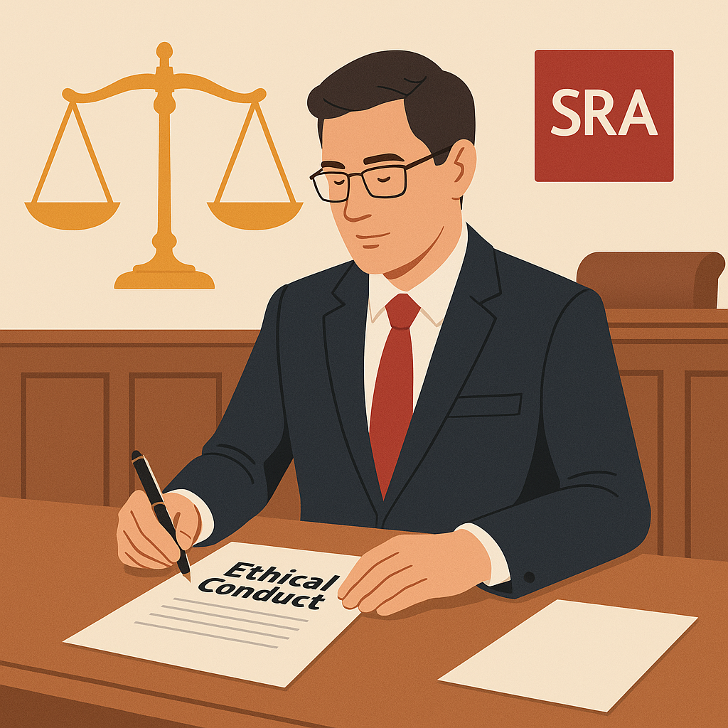 A professional illustration of a courtroom scene with a solicitor reviewing ethical conduct documents, featuring scales...