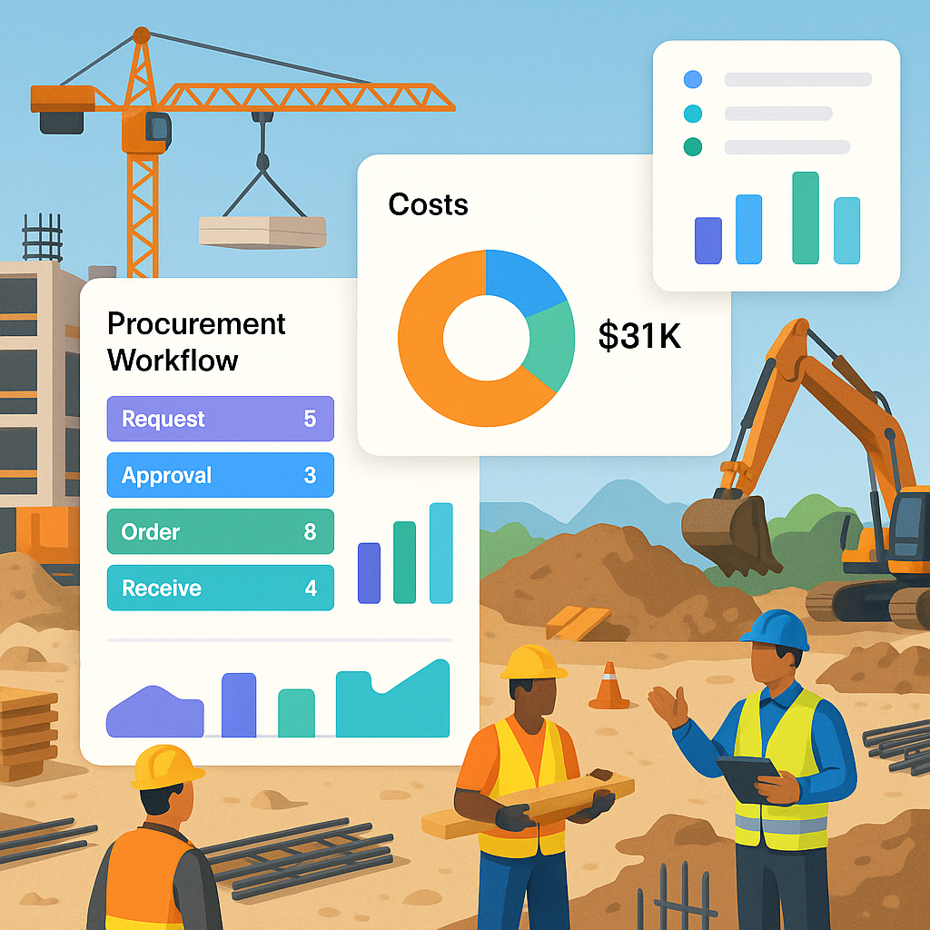 A construction site with workers and equipment, overlaid with a digital dashboard showing procurement workflows and cost...