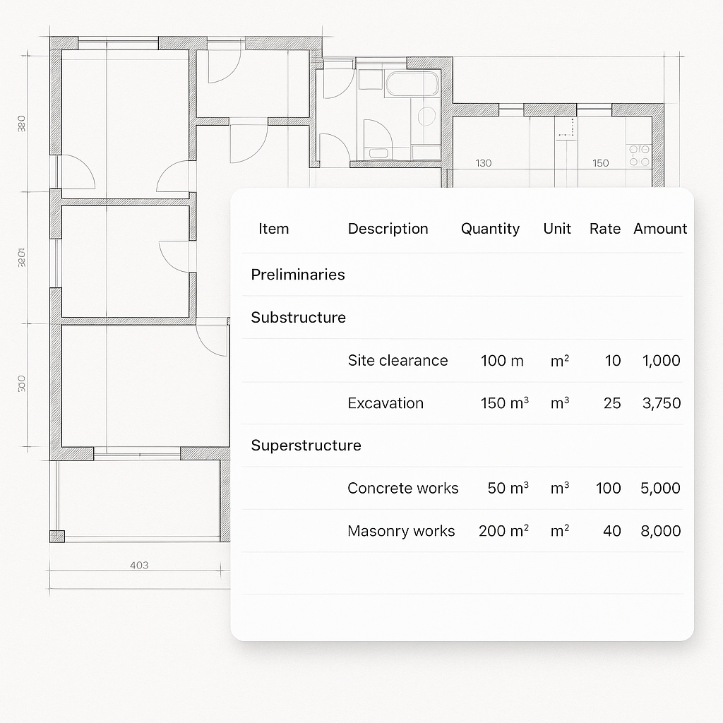 An architectural drawing overlaid with a structured BOQ table, showcasing cost categories and transparent breakdowns, in...