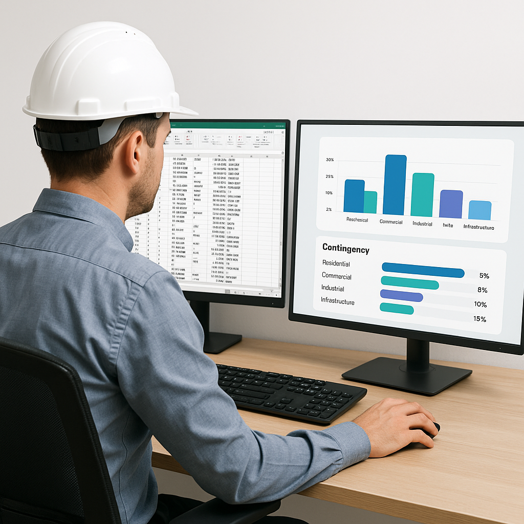 A construction estimator working on two monitors, one showing a messy Excel BOQ, the other showing an AI-powered dashboa...