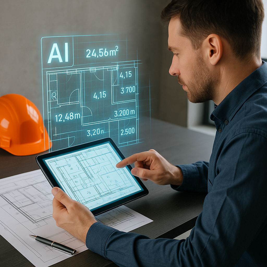 A construction estimator working on a tablet with AI-powered tools extracting quantities from a blueprint. Digital overl...
