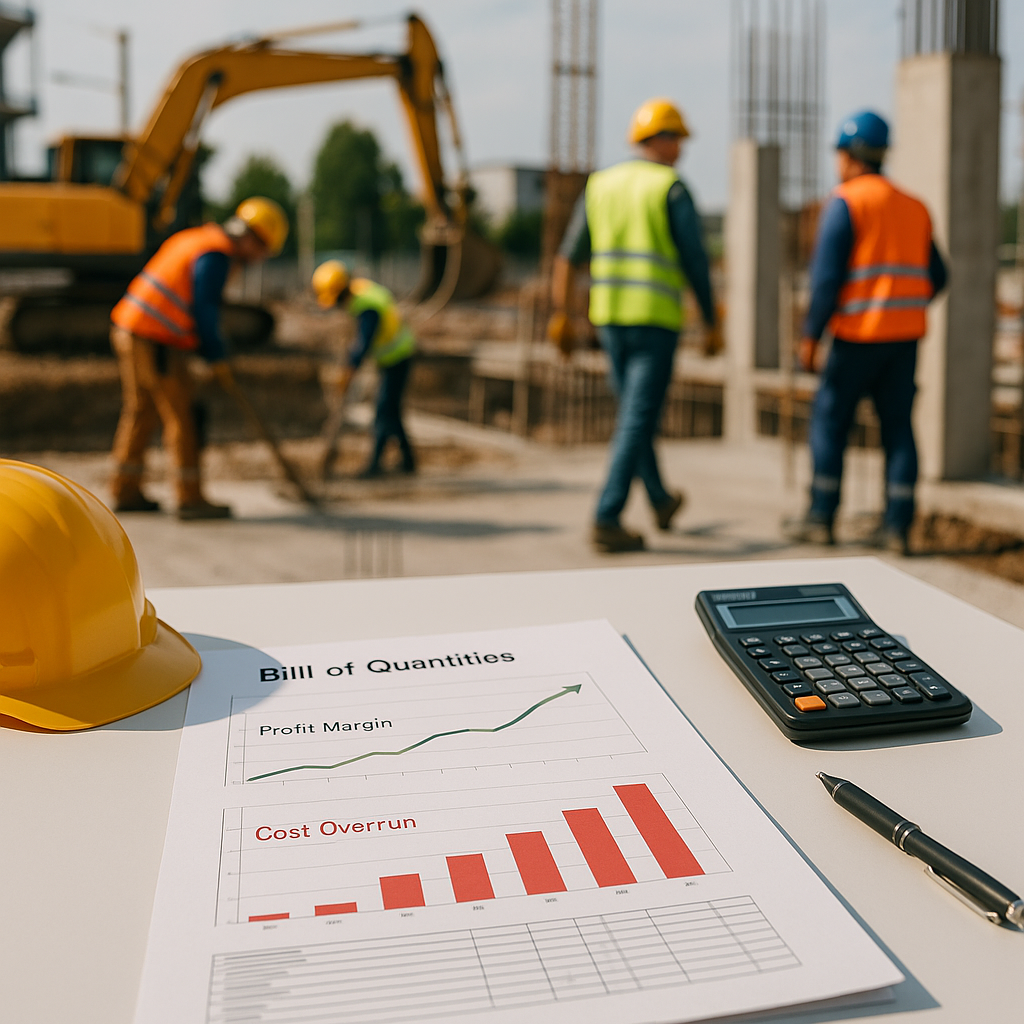 A construction site showing workers, equipment, and BOQ documents with graphs indicating profit margins and cost overrun...