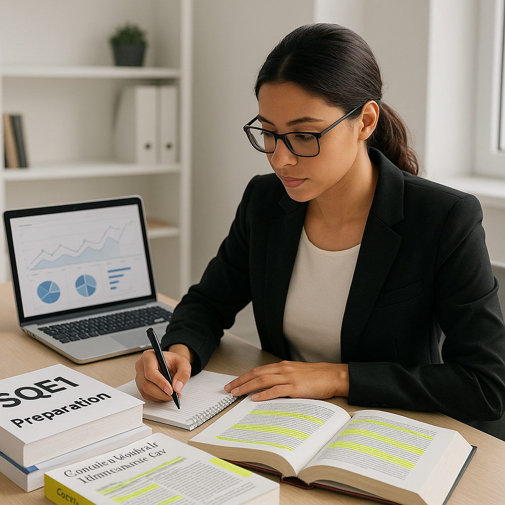 A paralegal working at a desk with SQE1 preparation materials, a laptop screen showing analytics graphs, and highlighted...