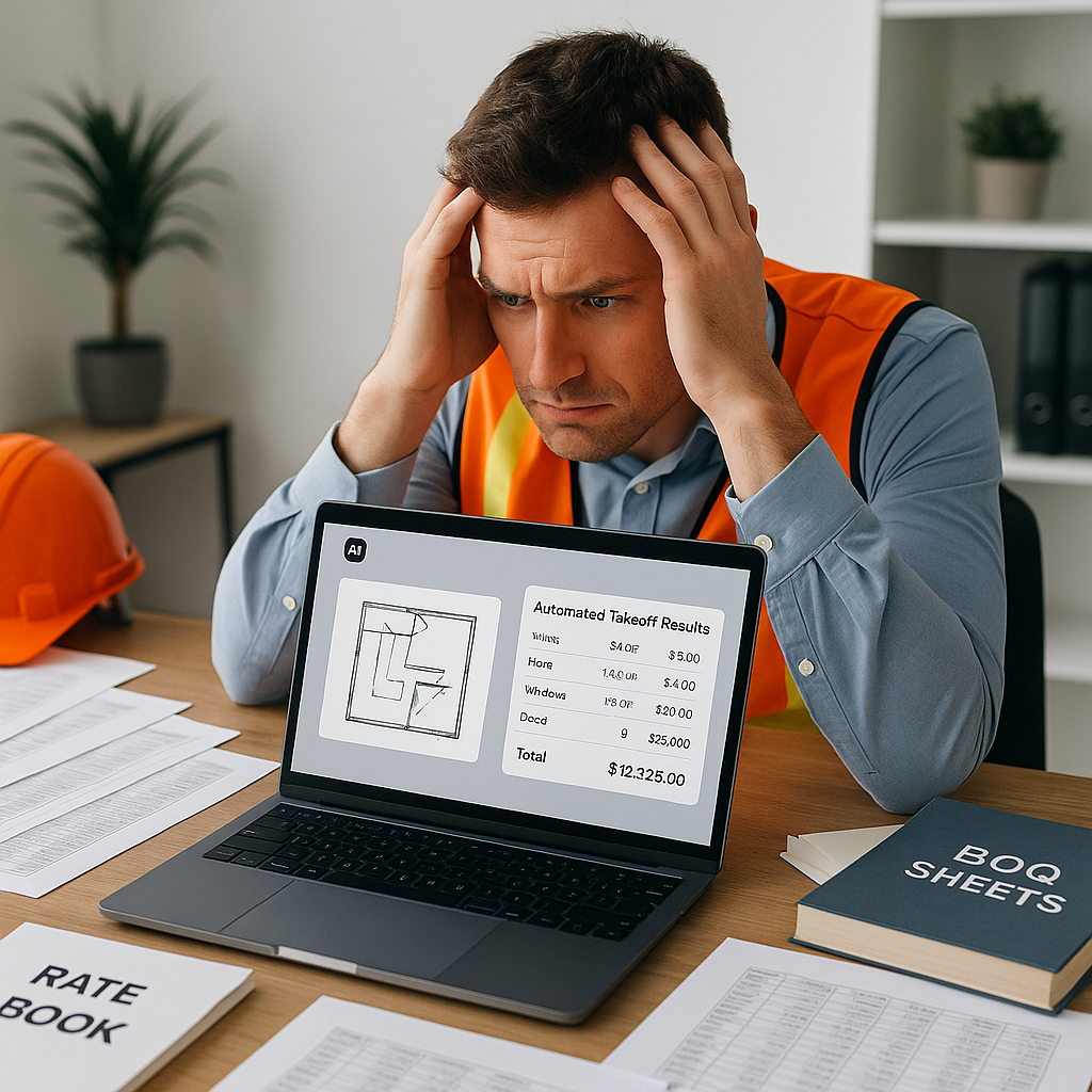 A construction estimator frustrated with a cluttered desk, surrounded by BOQ sheets, rate books, and an outdated laptop....