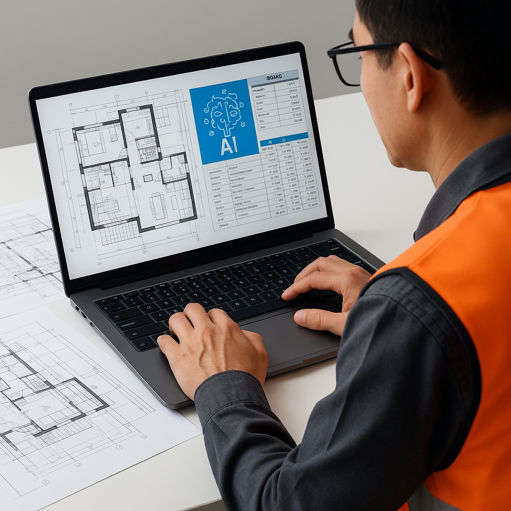 A construction estimator using AI-powered software on a laptop, with architectural drawings and BOQ spreadsheets visible...