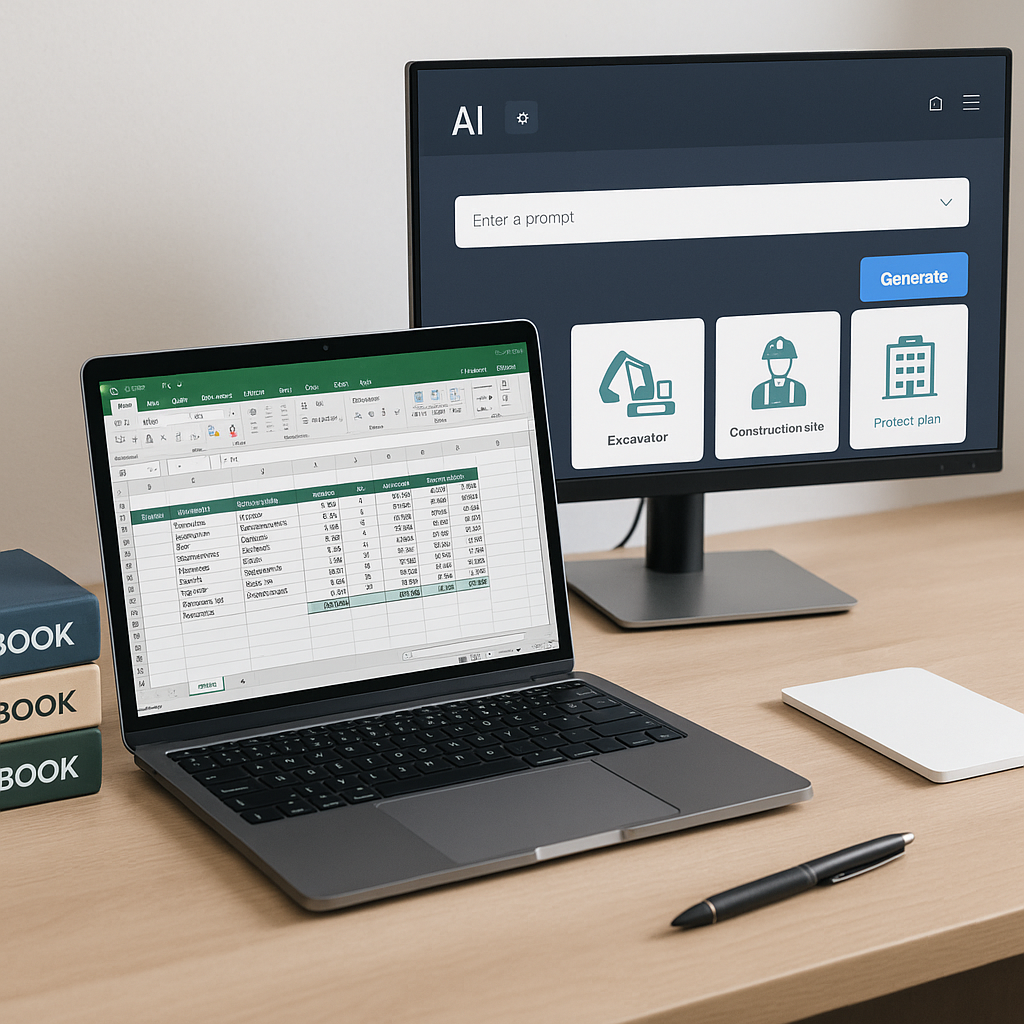 A realistic rendering of a construction estimator's desk with Excel sheets open on a laptop, rate books stacked nearby,...
