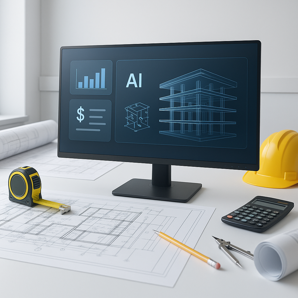 A futuristic construction estimator's desk with AI software running on a monitor, surrounded by blueprints and tools.