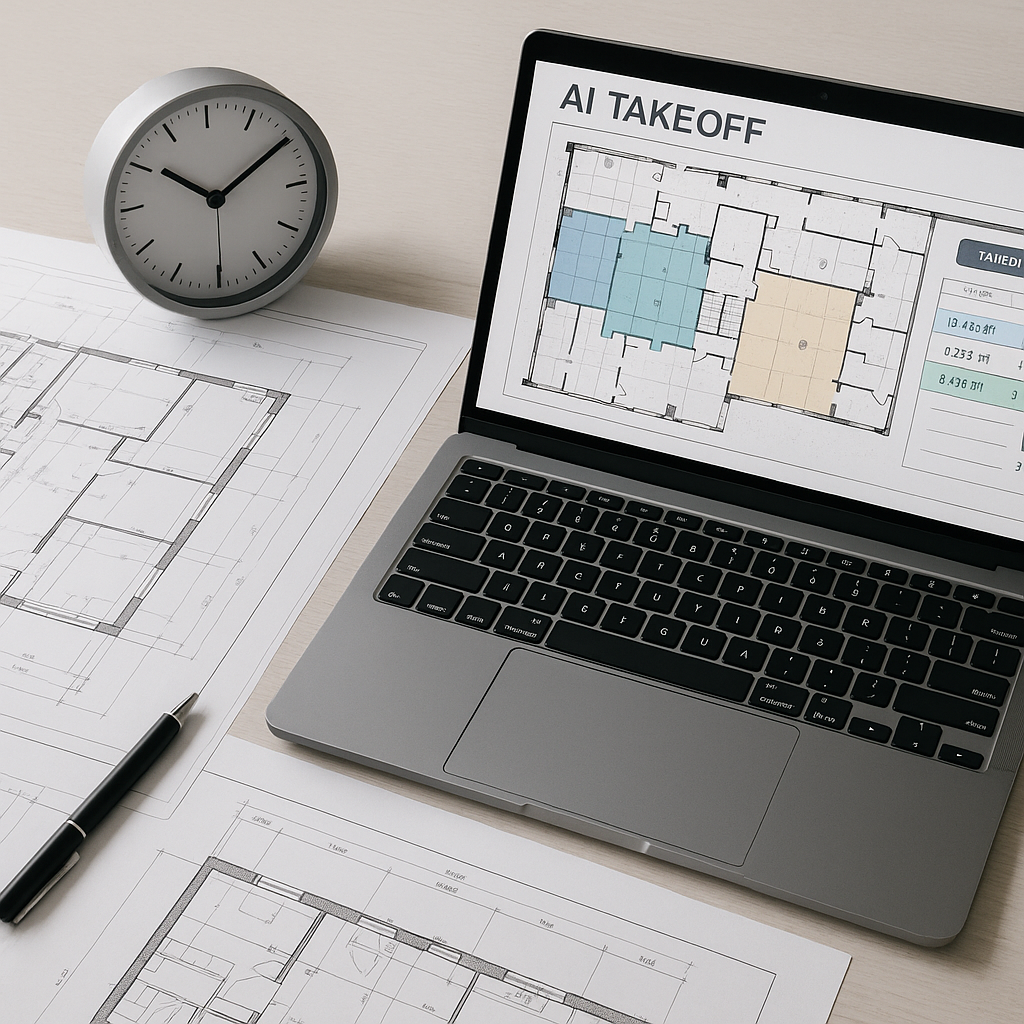 A detailed image of a construction estimator's desk with blueprints, a laptop showing AI takeoff software, and a clock s...