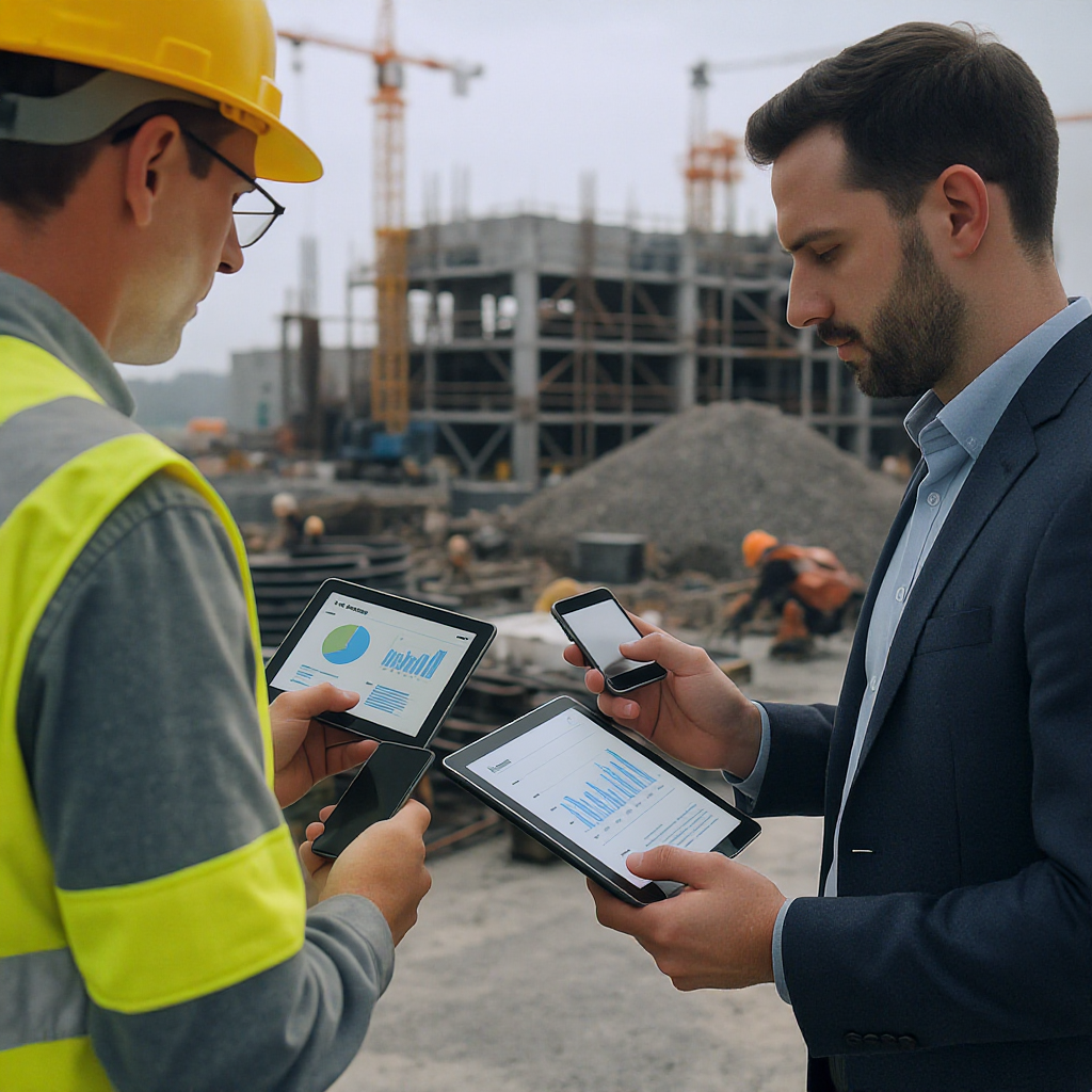 A construction site with workers using tablets and mobile devices, real-time data charts visible on their screens, and a...