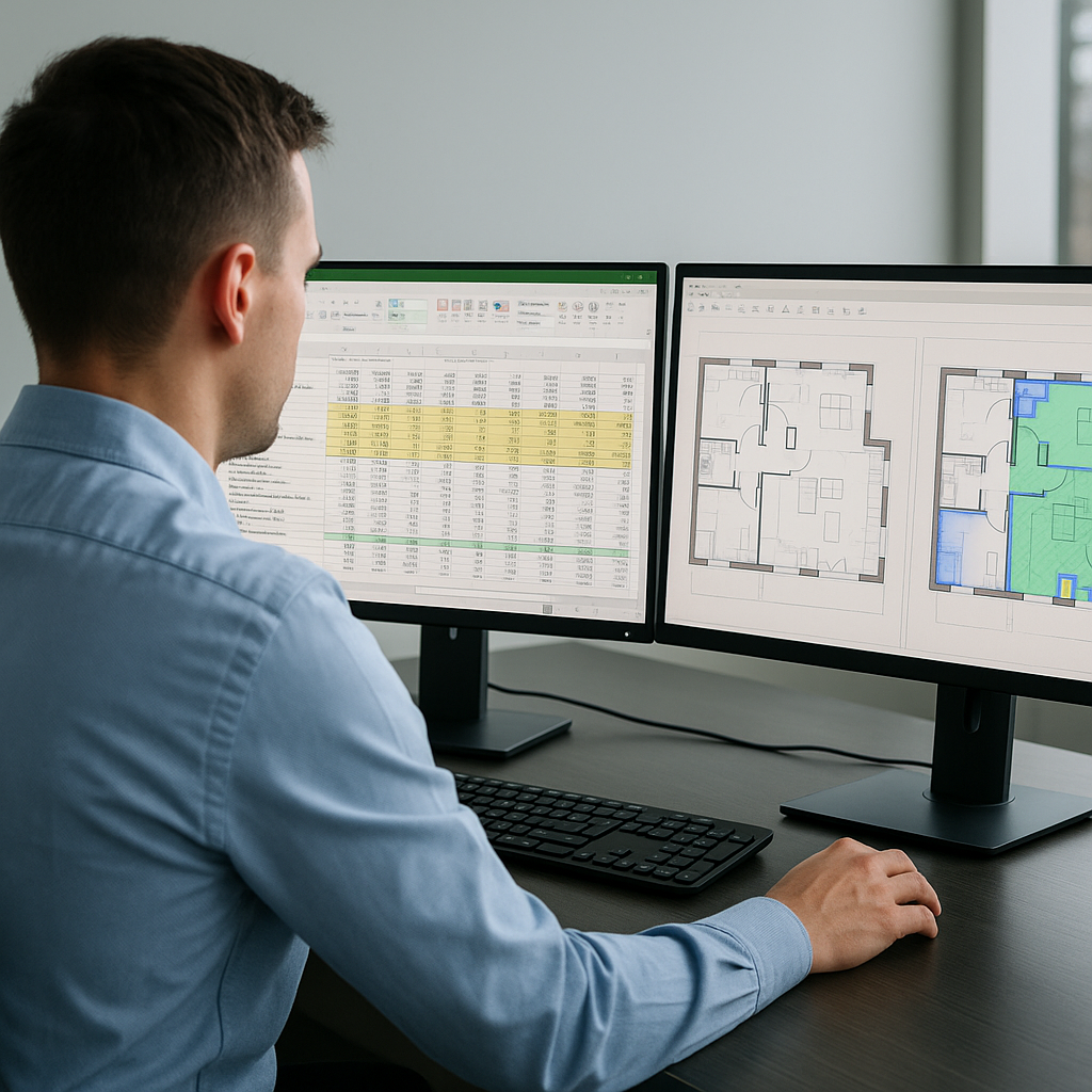 An estimator in front of dual monitors: one screen shows a cluttered Excel sheet, the other an AI-powered tool displayin...