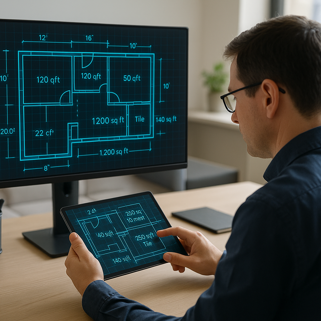 A digital blueprint overlaid with AI-generated annotations, highlighting dimensions and material quantities, with a cons...