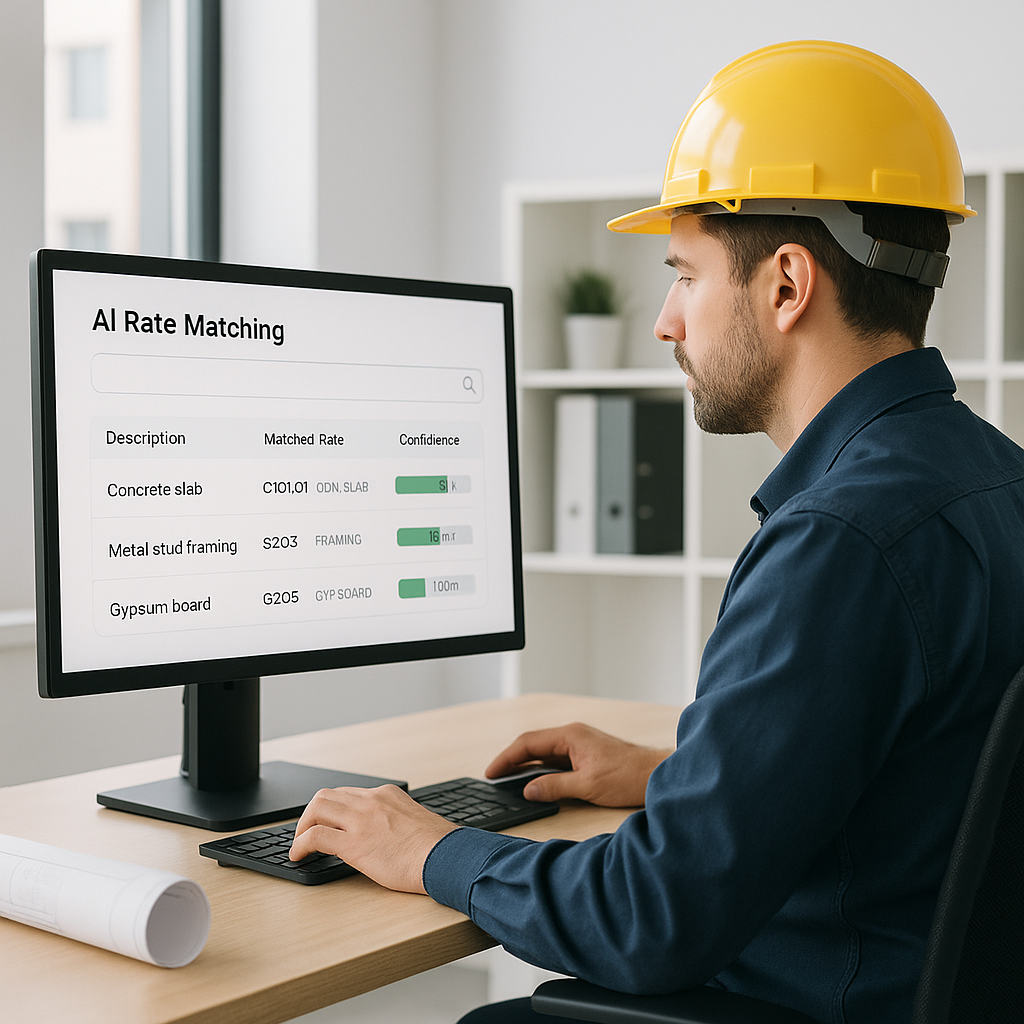 A construction estimator using an AI-powered software interface, with a clean, modern design showing rate matching resul...