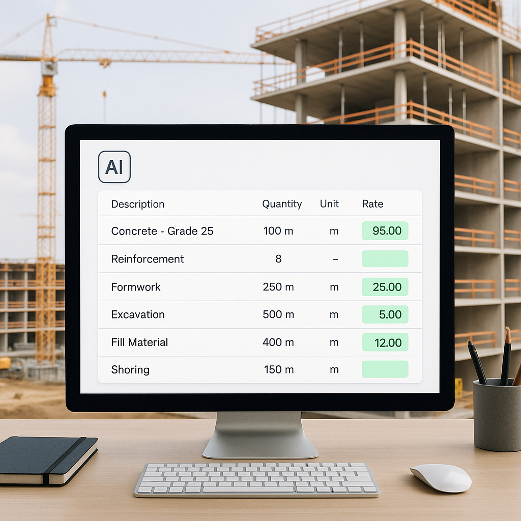 An AI interface on a computer screen, showing a BOQ with automated rate matches highlighted in green, alongside a constr...