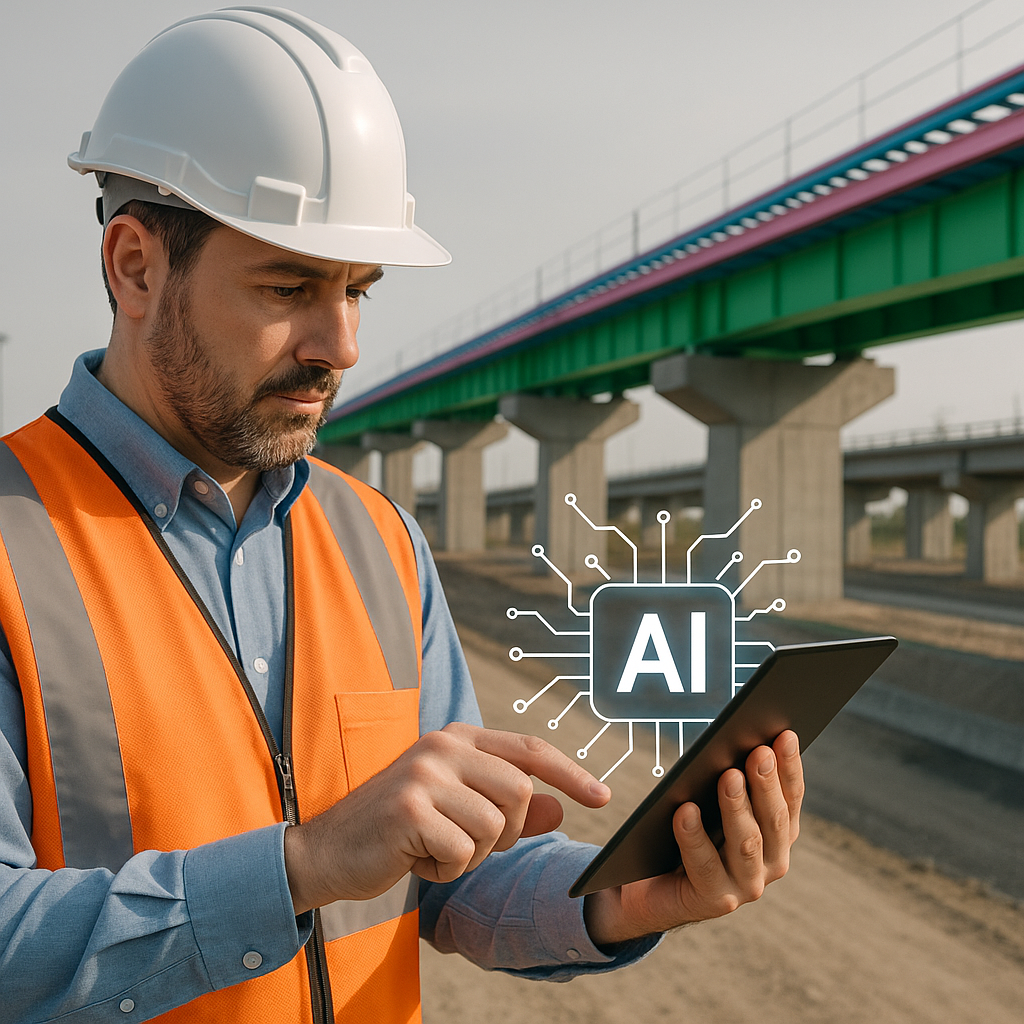 A construction estimator using AI software on a tablet, with a 3D-rendered infrastructure project (like a rail bridge) i...