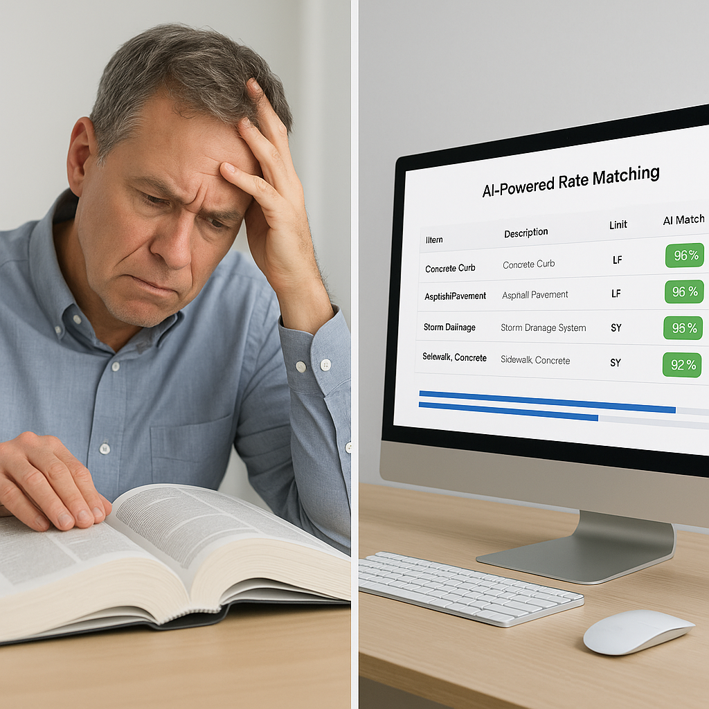 A split-screen image: on one side, an estimator flipping through a massive rate book, looking frustrated; on the other,...
