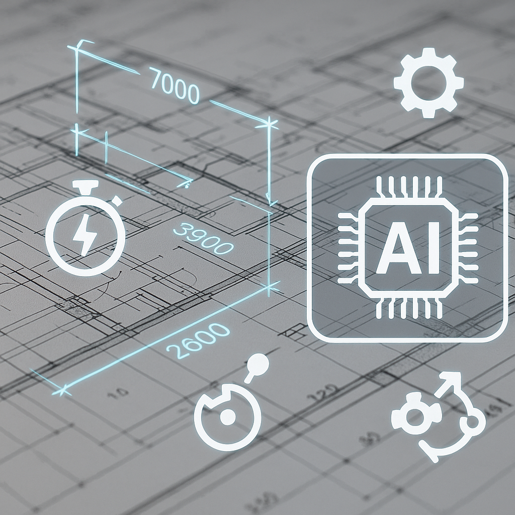 A construction site blueprint with overlayed digital measurements and AI icons, emphasizing speed and automation.