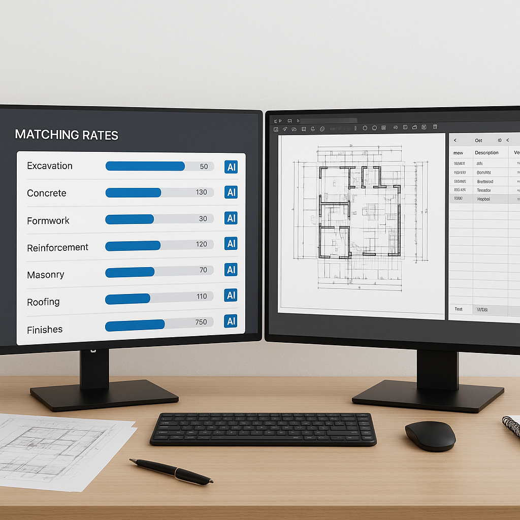 A modern construction estimator's desk with dual monitors showing AI-powered software matching rates in real-time, a PDF...