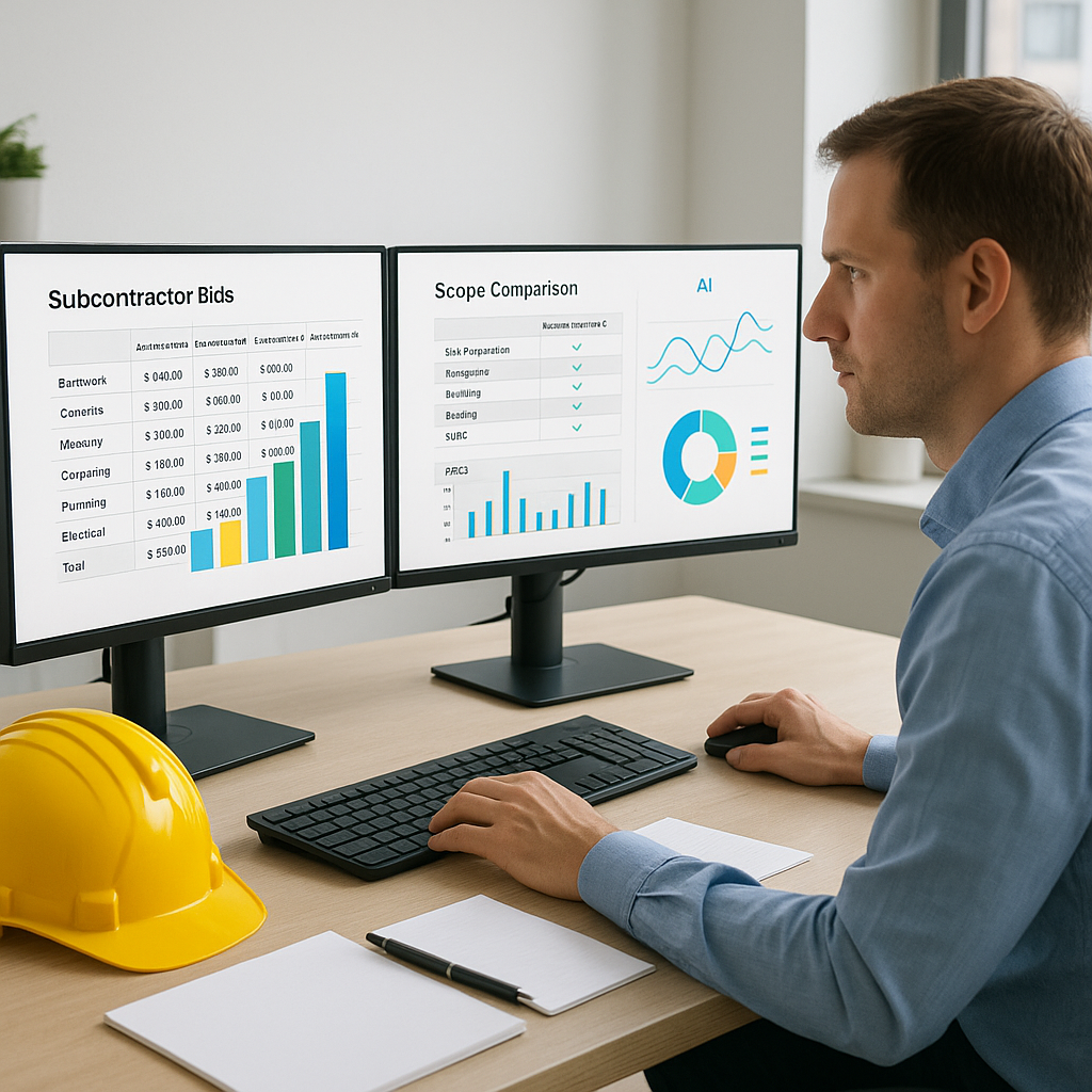 A construction estimator at a desk comparing subcontractor bids on dual monitors, with AI software visualized as charts...