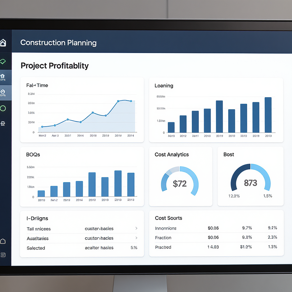 An AI-driven construction planning dashboard showing real-time project profitability insights with data graphs, BOQs, an...