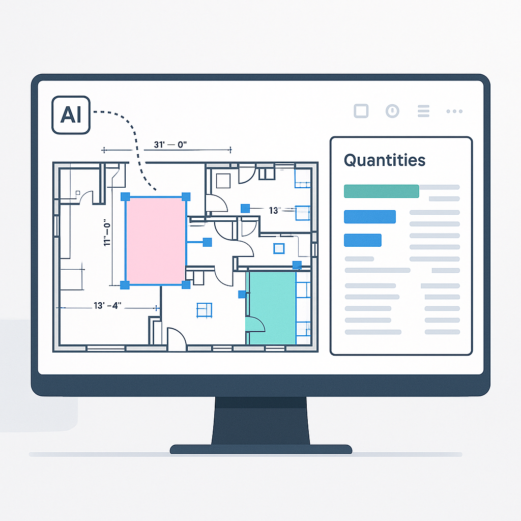 An AI-powered construction estimation interface showing drawings being analyzed on a screen, with highlighted areas and...