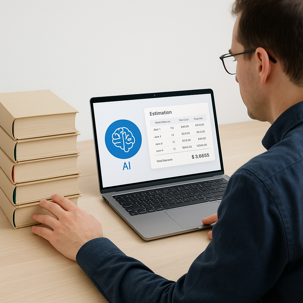 An estimator comparing stacks of traditional rate books with a sleek AI-powered estimation interface on a laptop, highli...