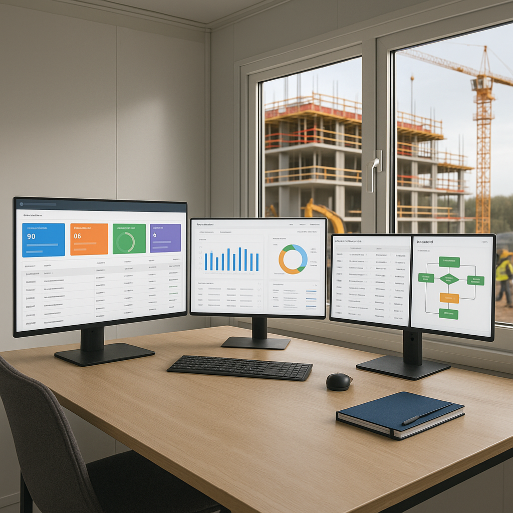 A construction site office with multiple screens showing real-time procurement dashboards and workflows, blending physic...
