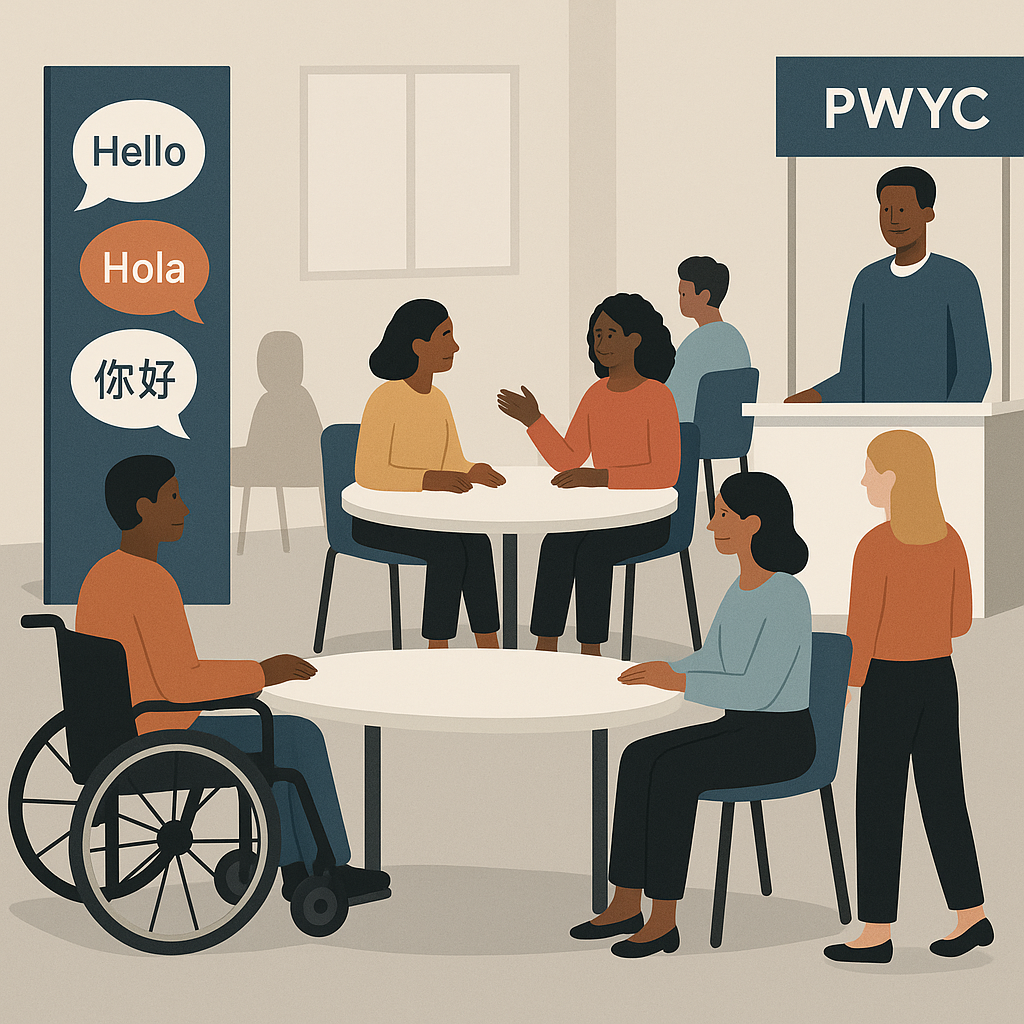 A modern event setup inspired by inclusivity: a room with diverse attendees, wheelchair-accessible tables, multilingual...