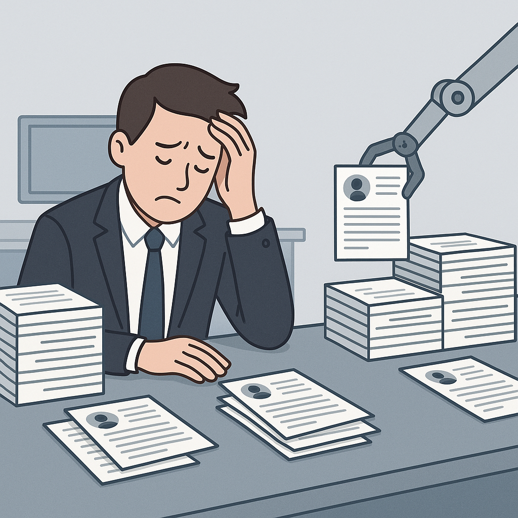 A stressed office worker sitting at a desk with piles of resumes, while a robotic arm (representing AI) organizes them e...