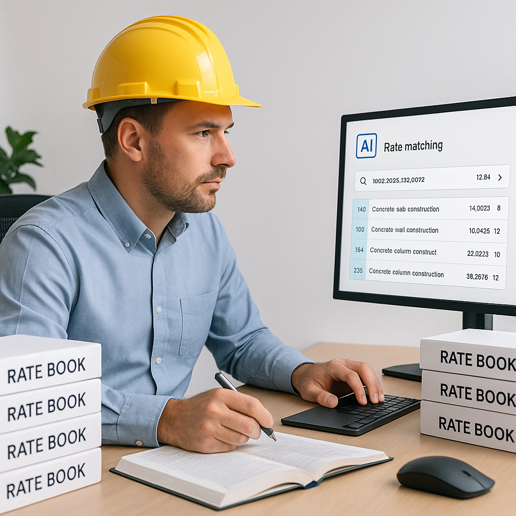 A construction estimator seated at a desk surrounded by stacks of rate books, with an adjacent computer screen displayin...