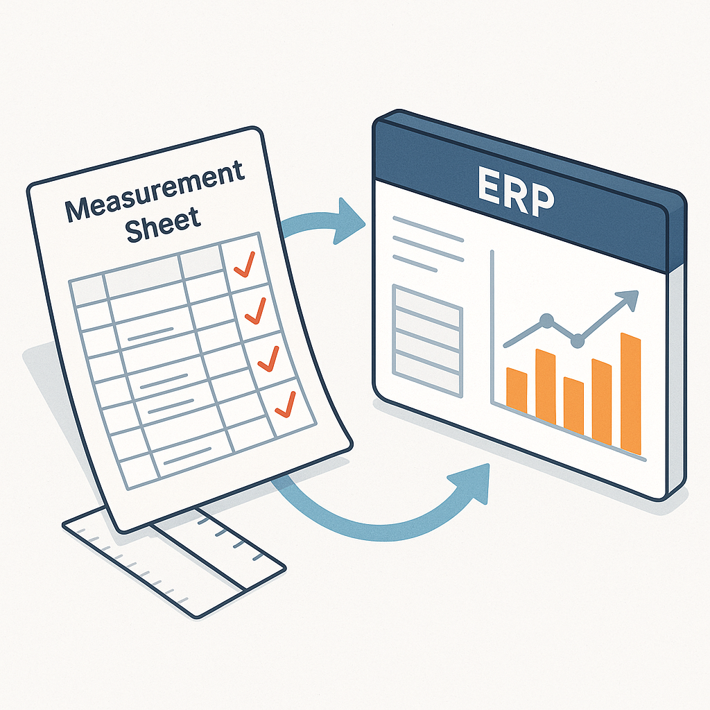 A detailed illustration of construction billing workflows: a measurement sheet flowing into an ERP system interface with...