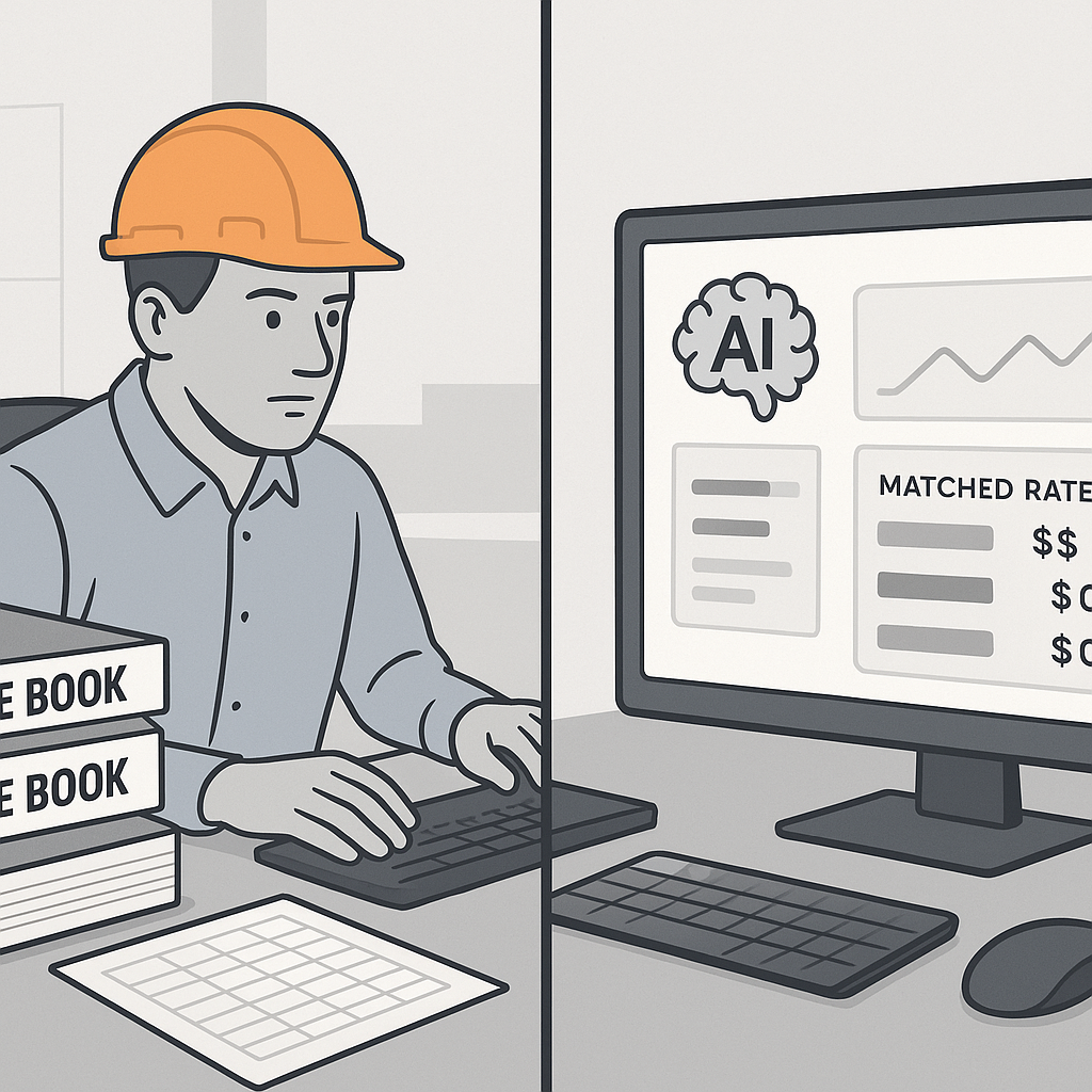 A construction estimator sitting at their desk with stacks of rate books and spreadsheets, contrasted with a sleek AI-po...