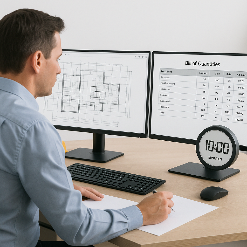 A construction estimator at a desk with dual monitors, one showing a PDF drawing and the other displaying an AI-generate...