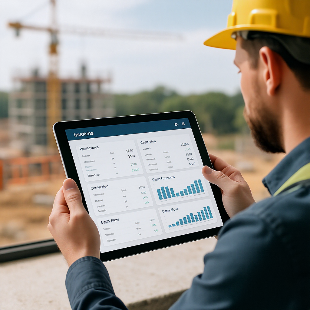 A contractor reviewing a digital dashboard on a tablet, showing invoicing workflows and cash flow charts. Construction s...